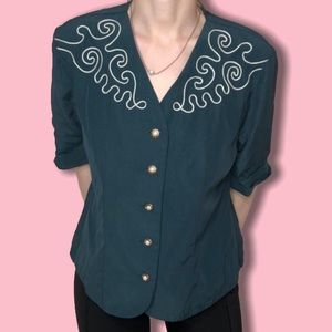 Vintage 70s emerald green blouse with pearl buttons